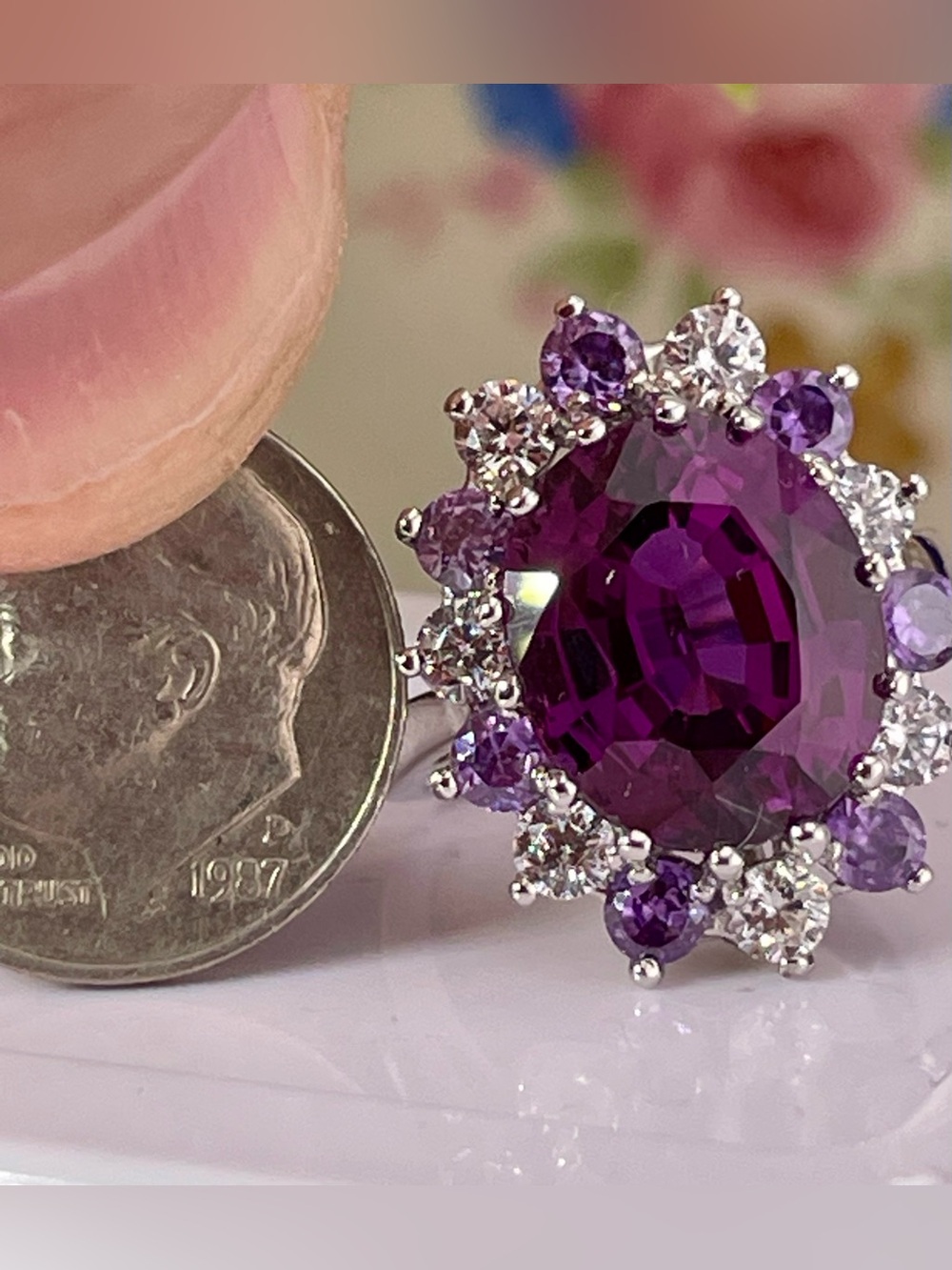 Pleocroic Purple Sapphire & white sapphire ring 14k 925 size 6 , carats at 9.03